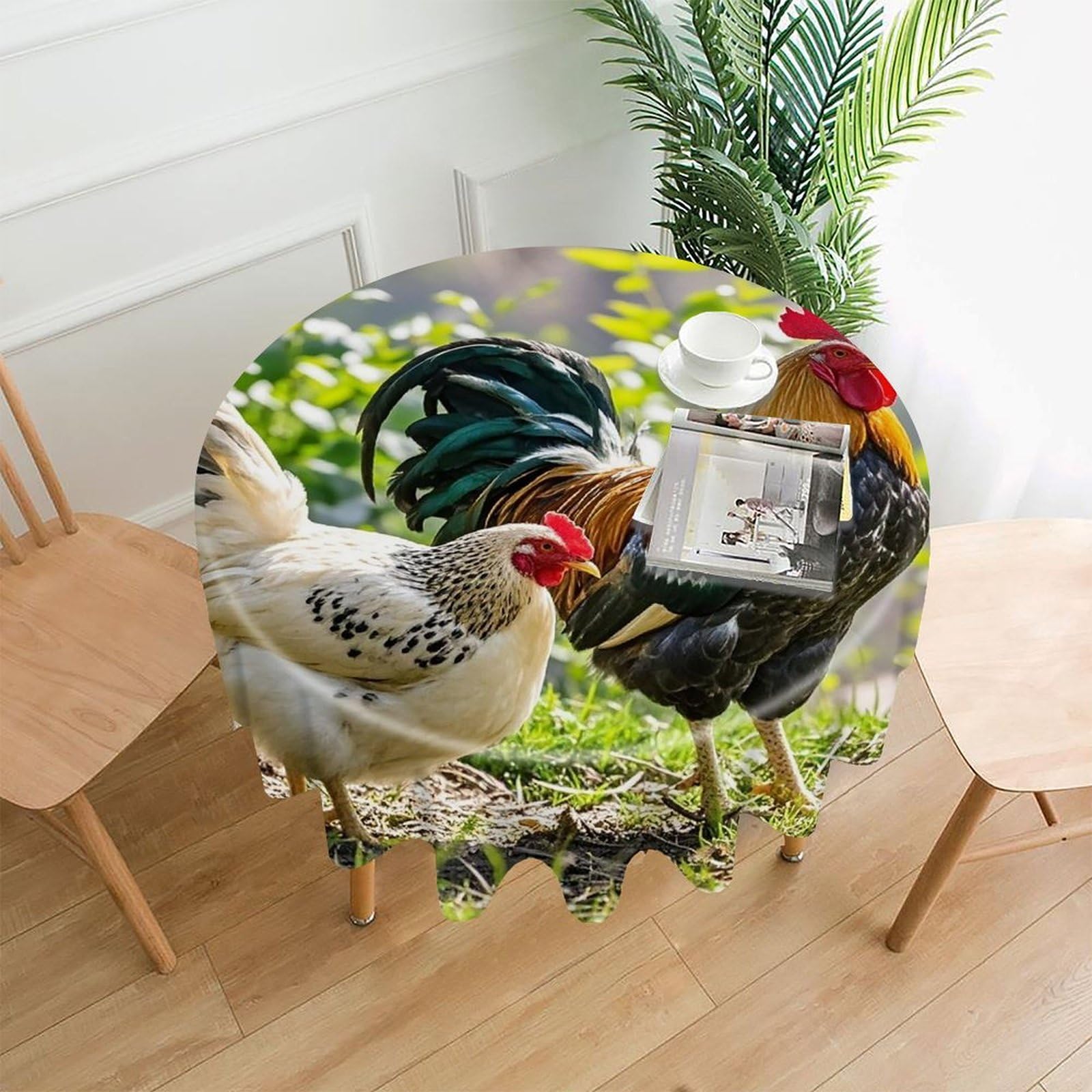 MUSM 60 Inch Rooster and Hen Round Tablecloth Wipeable Washable Table Cover for Kitchen and Dining Room Decorative Table Cloth for Party Holiday Picnic Outdoor