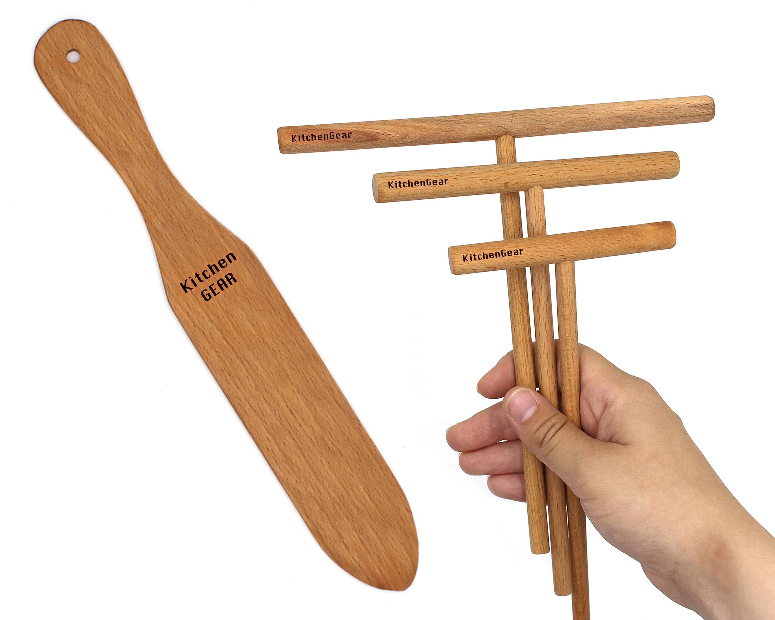 KitchenGear Crepe Spreader Sticks 4 Pcs (7", 5", 3.5" inc Crepe Wooden Sticks & 12" Spatula Turner) Convenient Sizes to Fit Any Crepe Pan Pancake Roti Maker - All Natural Handmade T-Shape Construction