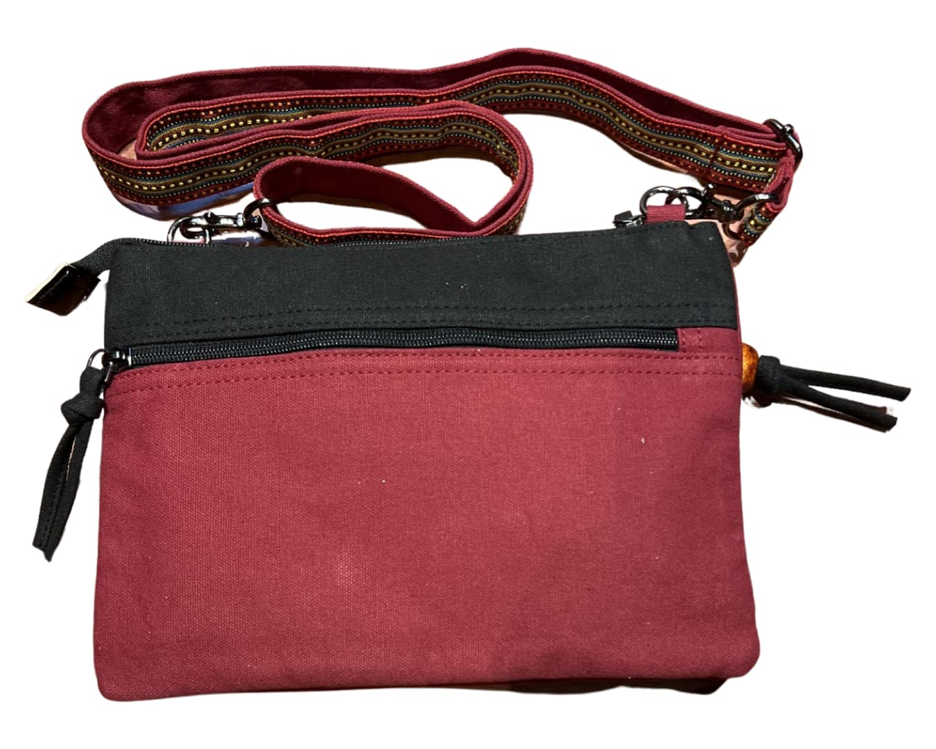 Macha Bolso pequeño de algodón étnico con estampados coloridos e inserciones de cuero, Bolso de hombro de algodón y cuero indio étnico para mujer. (Burdeos)