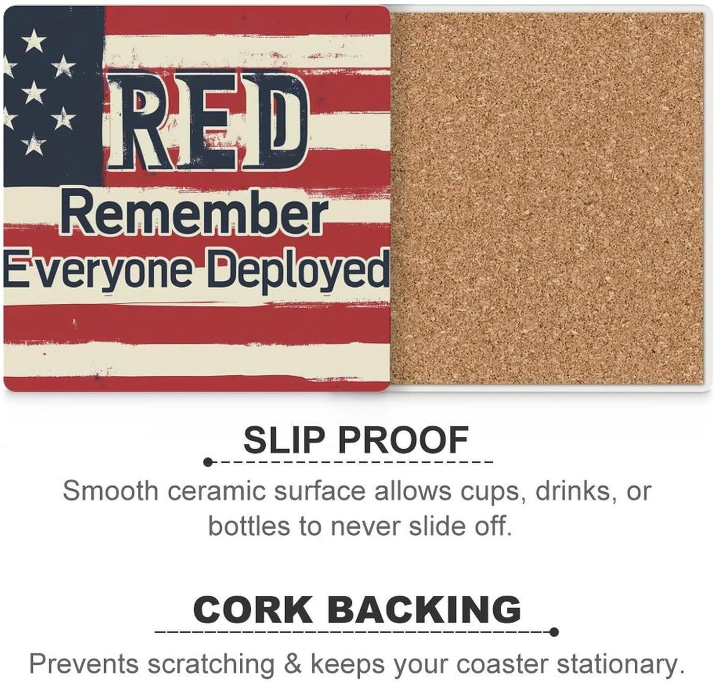 Remember Everyone Deployed Funny Ceramic Coasters for Drinks Absorbent Cup Holder Tabletop Protector with Cork Base