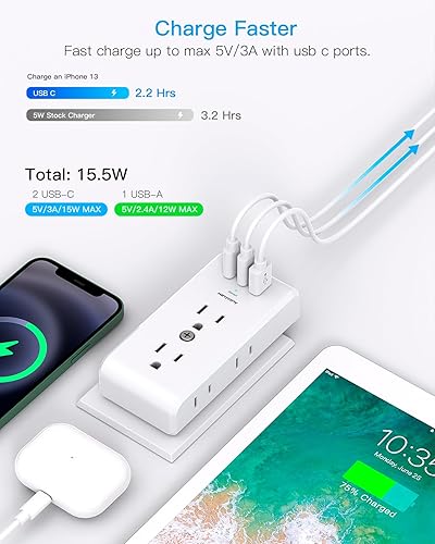 Miniatura 4 de Extensor de toma de corriente múltiple, 6 divisores de toma de corriente eléctrica con 3 puertos USB (2 USB C), tira de alimentación múltiple