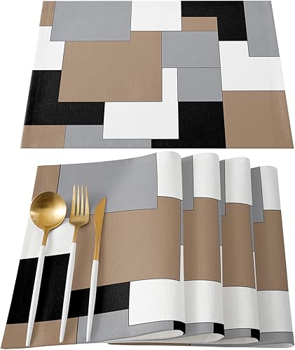 Miniatura 37 de Camino de mesa de lino de arpillera de 108 pulgadas de largo, arte abstracto moderno, bloque de color, gris, negro y rojo, camino de mesa