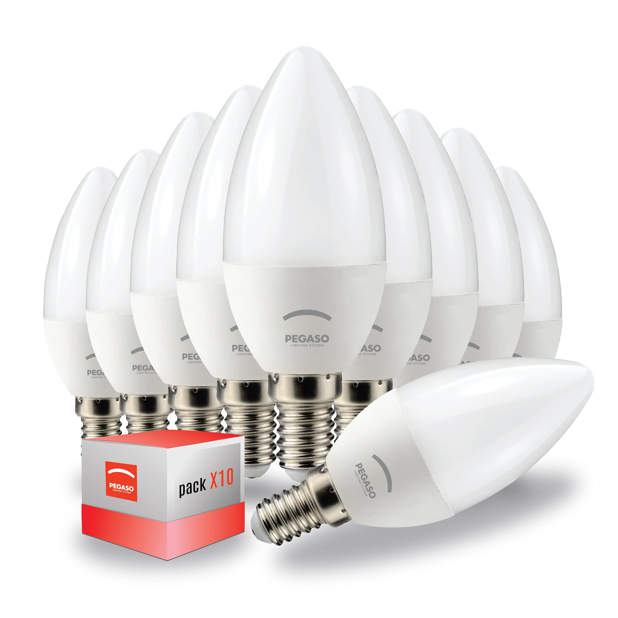 10 Lampadine LED E14 PEGASO A Candela – 7W (45W), Bianco Naturale 4000K, 525 Lumen