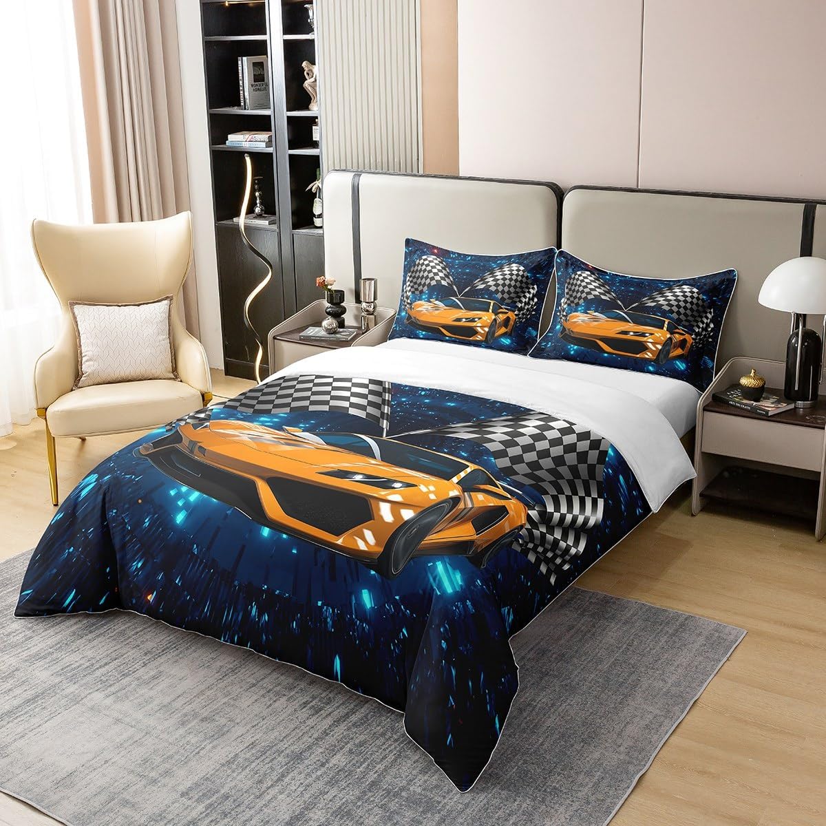 Kids Sports Car 100% Cotton Duvet Cover Sets Twin Size,2 Piece Race Car Bedding Set With 1 Pillowcase For Teens Boys Girls Bedroom Decor,Black White Check Flag Comforter Cover,Glowing Neon Bed Sets