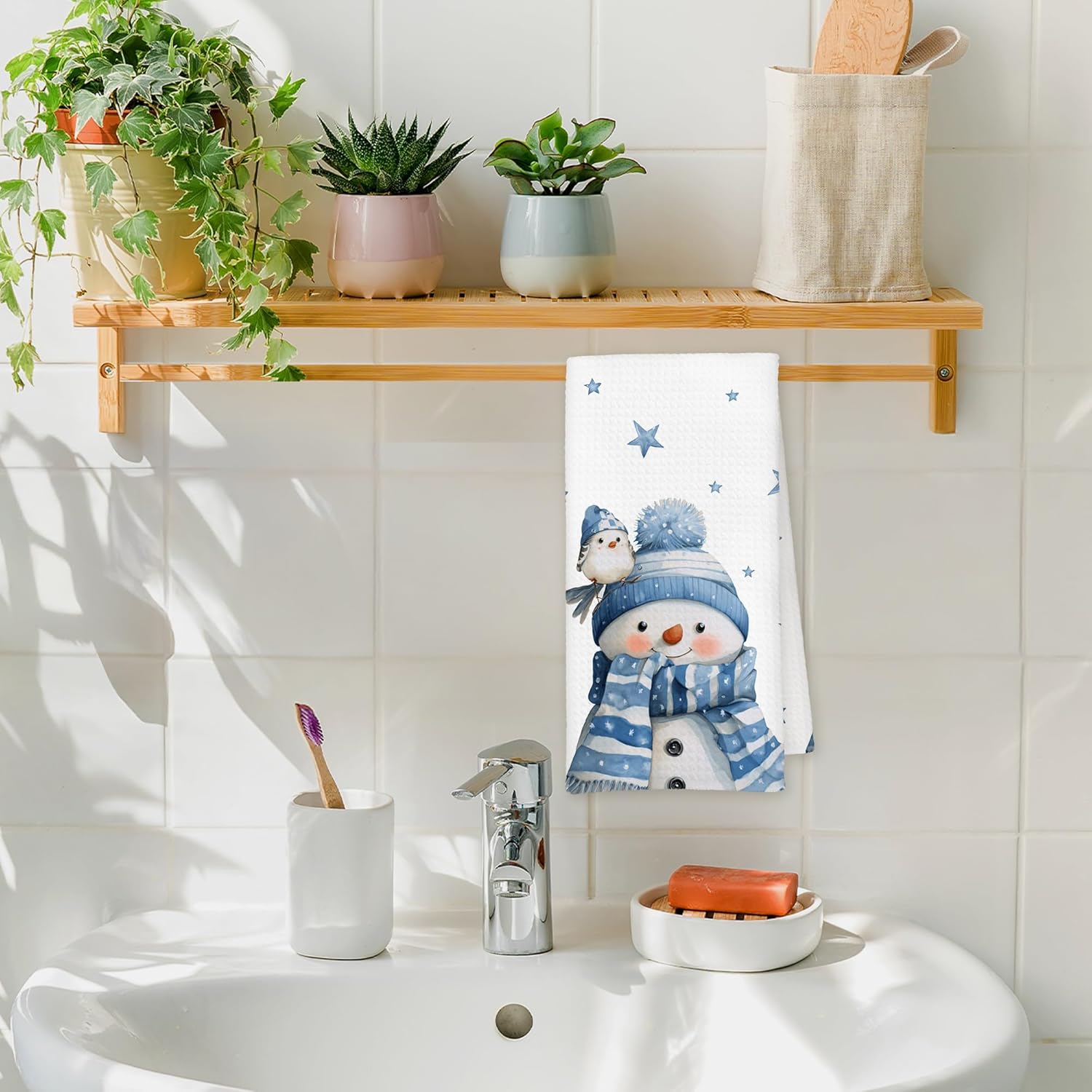 Winter Cute Blue Snowman Bird Bar Kitchen Towels, Blue and White Christmas Snowman Snowflake Holiday Xmas Farmhouse Decorative Hand Tea Dish Towel for Bathroom Kitchen Decor, 16x24 Inch - Image 6