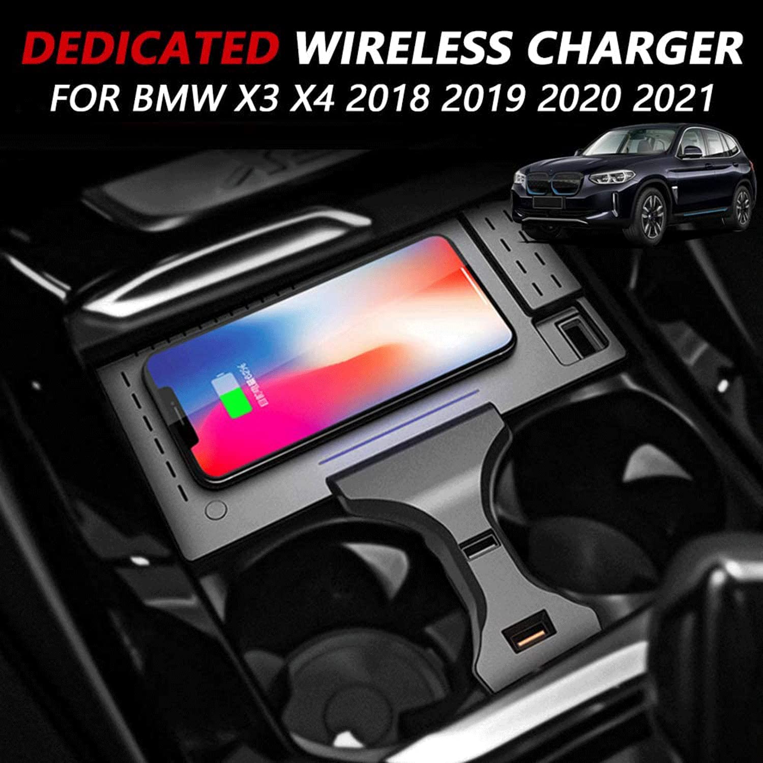 Cargador de coche inalámbrico para BM X3/X4 2018 2019 2020 2021 Panel de accesorios de consola central, con doble puerto USB QC3.0 Placa de carga rápida inalámbrica de teléfono móvil de 15 W par