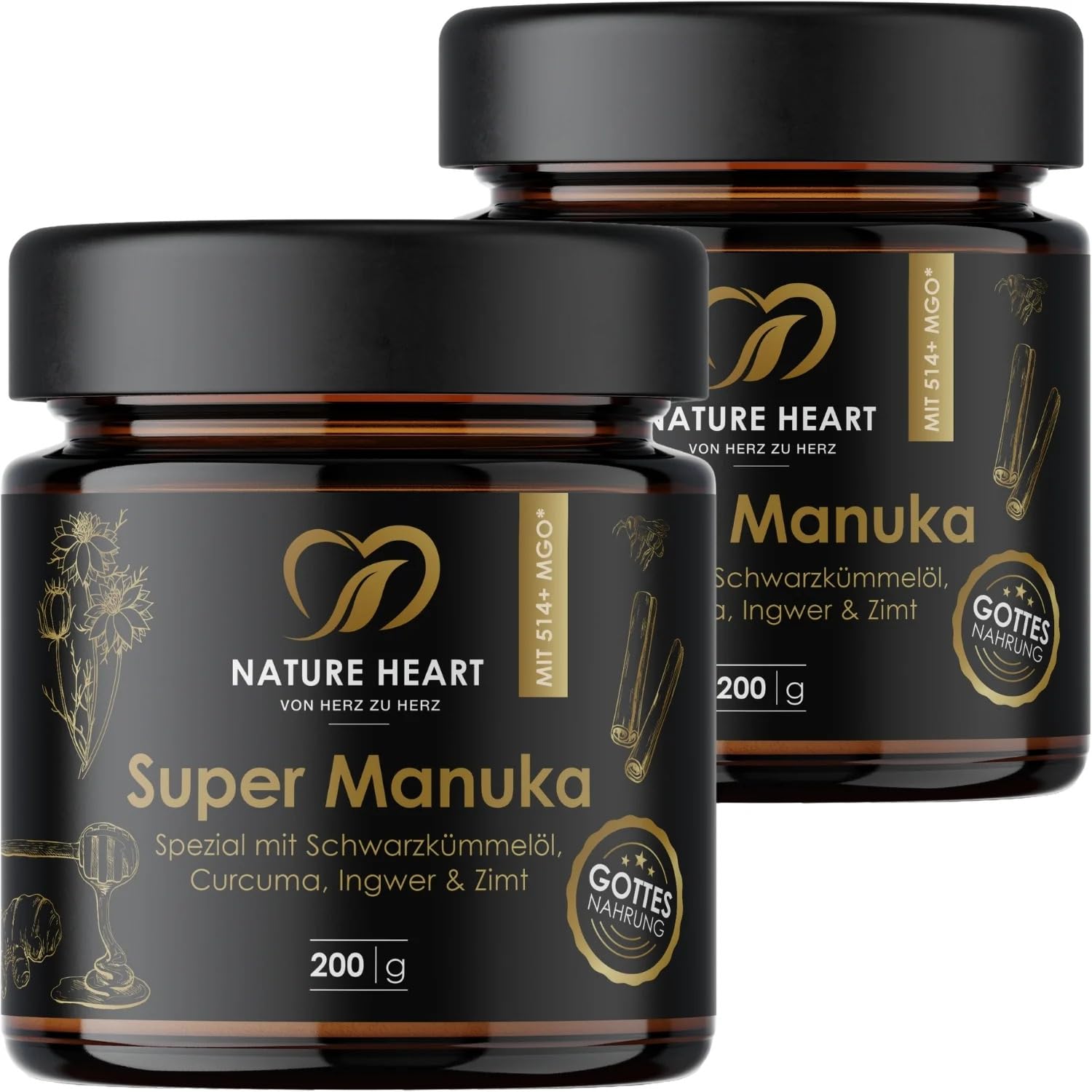 Nature Heart Super Manuka Honig 2x MGO 514+ mit Schwarzkümmelöl | Ceylon Zimt, Ingwer-, Kurkuma- & Pfefferextrakt | 100% Neuseeland | Unabhängig geprüft