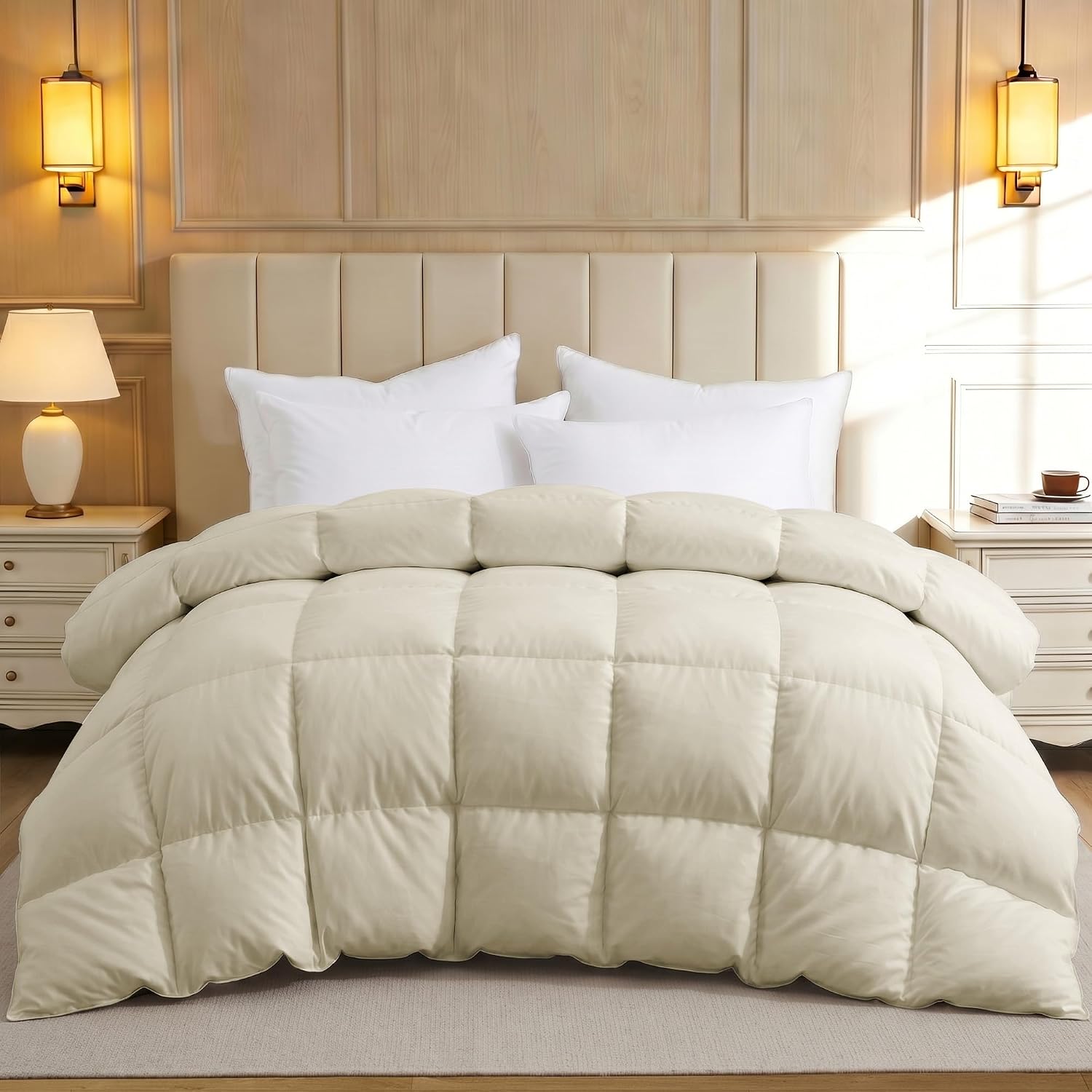 UNIKOME Goose Feather Down Fiber Comforter King Size, All Season Hotel Luxury Bedding Comforter, Ultra Soft Fluffy Duvet Insert with Downproof Cover, 8 Corner Loops (King, Cream, 104"X88")