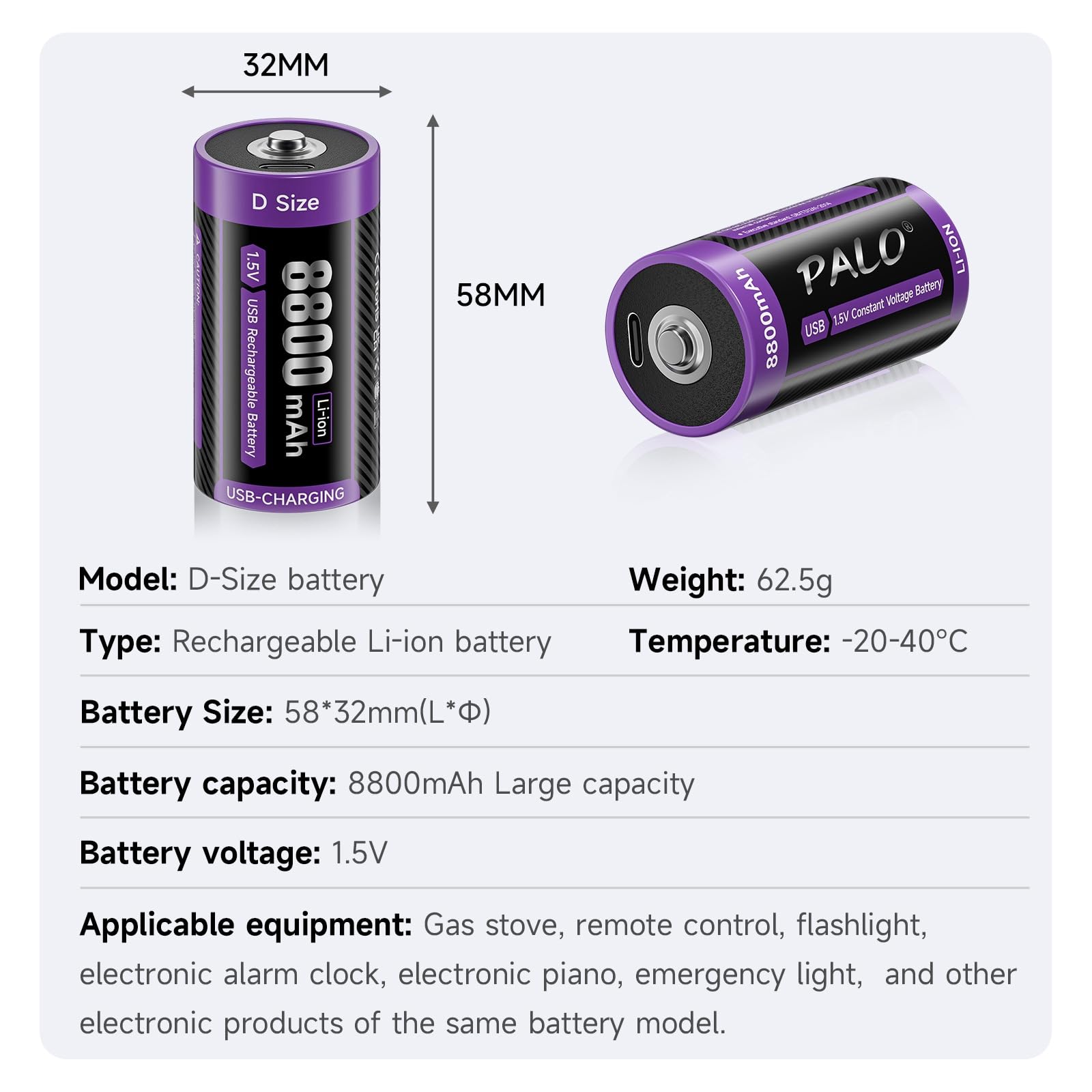 1,5V Batterien D USB-C Lithium LR20 8800mAh Mono Batterie Schnellladung Typ-C Batterien Akku mit Ladekabel, Geringe Selbstentladung, mit Ladelicht, 1500+ Zyklus, 6 Stück Batterie D