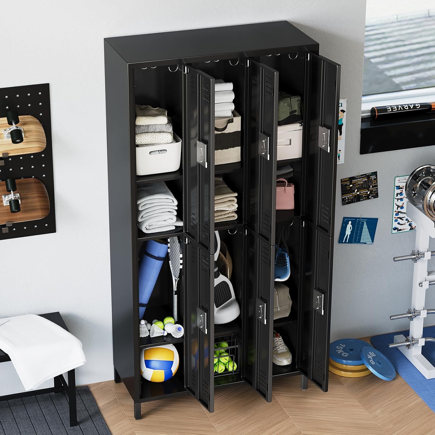 72" Tall Metal Lockers for Employees with 12 Hooks and 9 Shelves, 6 Doors Office Storage Cabinet for Home, School, Gym, Office, Black