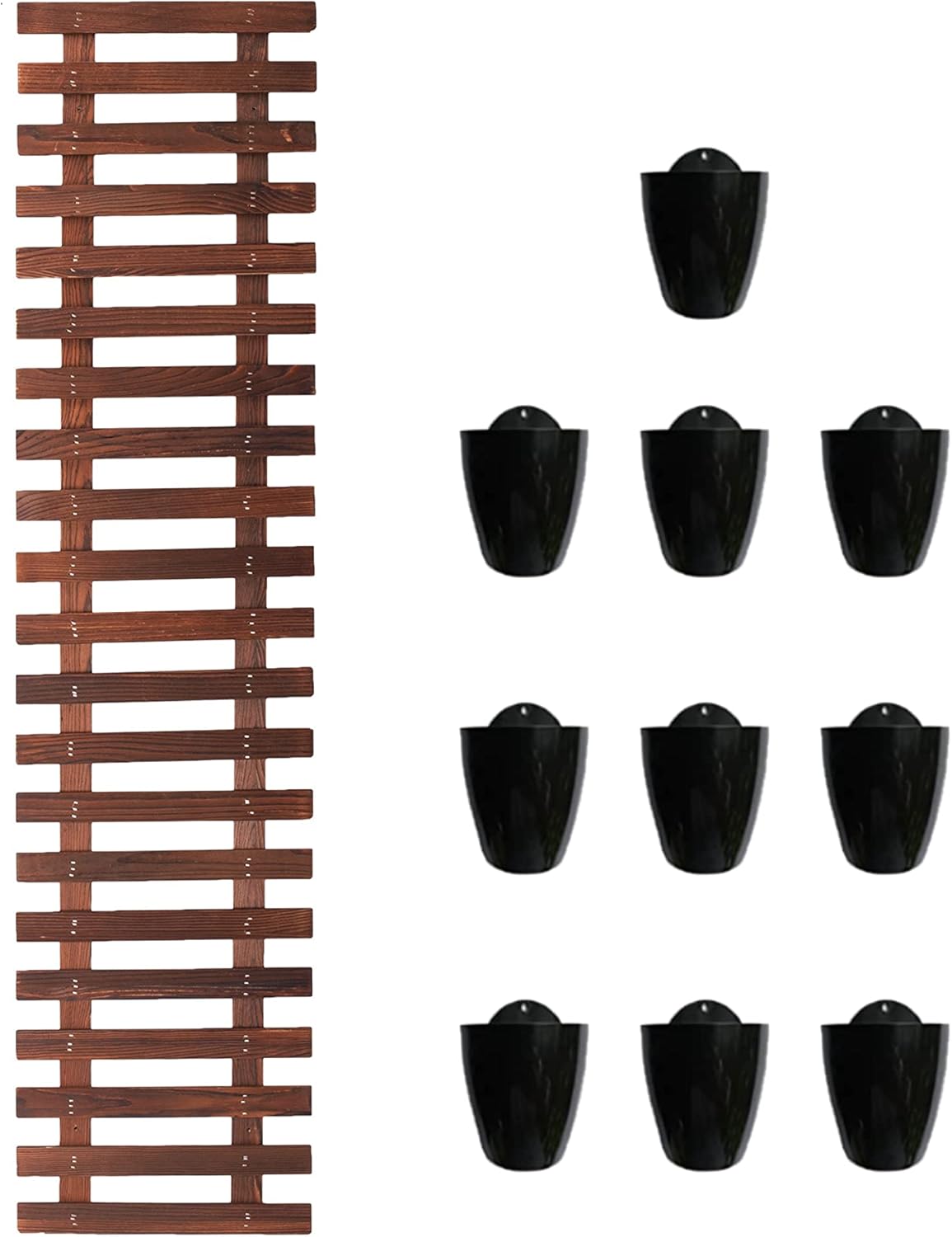 ShopLaLa Bundle 4" x 10 Pack Black Self Watering Plastic Pots + Wooden Hanging