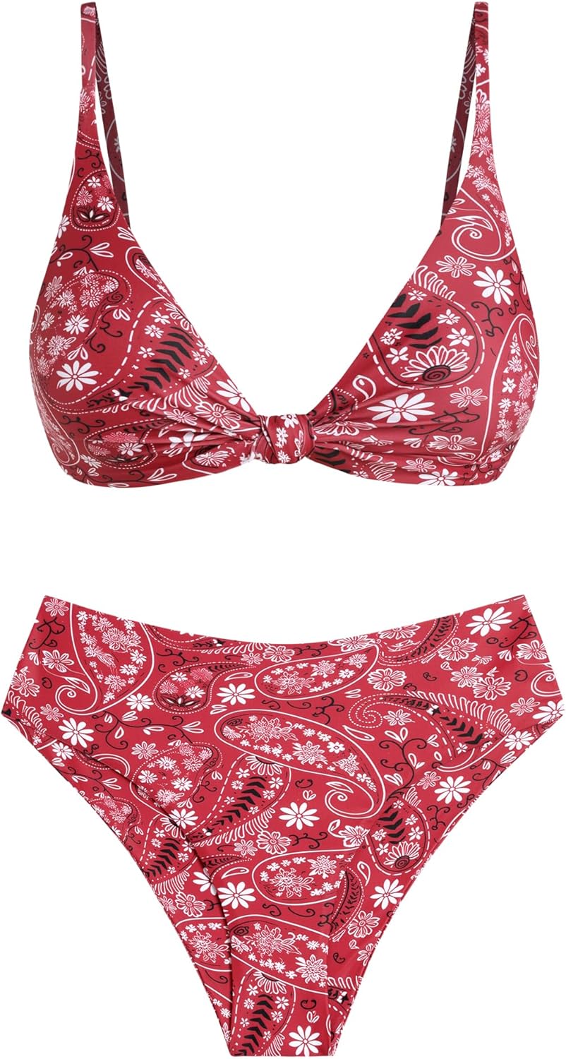 ZAFUL Bikini Set for Women V Neck Knot Front Push Up Bathing Suit High Cut Two Piece Swimsuit Brazilian Cheeky Swimwear