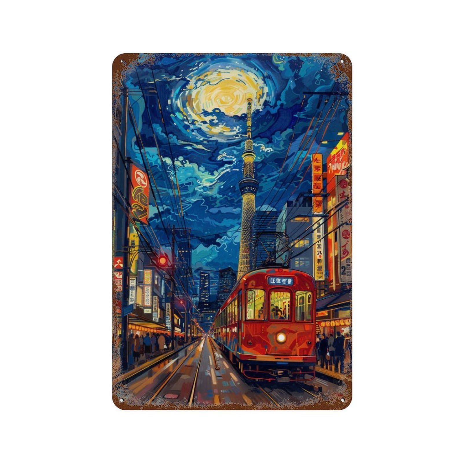Rust Effect Tokyo Skytree Night Scene Aged Metal Wall Plaque 11.8"x7.9", Shabby Chic Decor for Living Room, Hallway And Home Decor