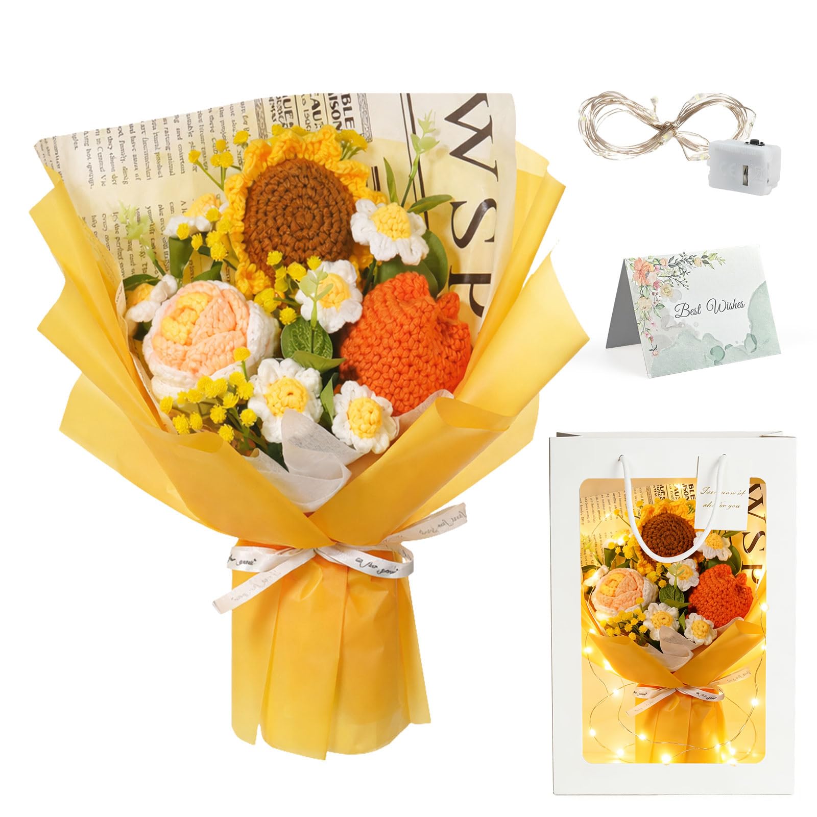 Handmade Crochet Flower Bouquet with LED Lights, Sunflower Knitted Flowers Gift Set with Bag & Card, Artificial Flowers for Graduation, Birthday, Anniversary, Thank You Teacher, Home Decor (Yellow)