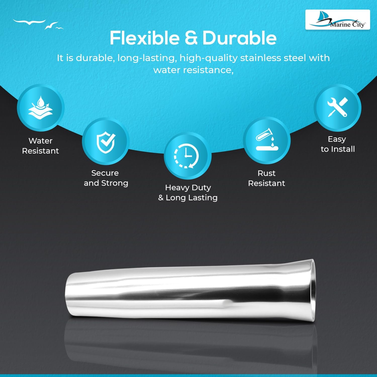 MARINE CITY Adjustable Fishing Rod Holder, White Anodized Aluminum Flared Weld-on Vinyl Insert (Length: 10 Inches, Dia: 1-7/8 Inches),for Boats, Yachts, Marines