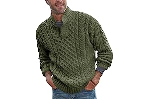 Mens Stand Collar Pullover Sweater | Cable Knitted Chunky Winter Fashion Buttons Twisted Thermal Sweaters