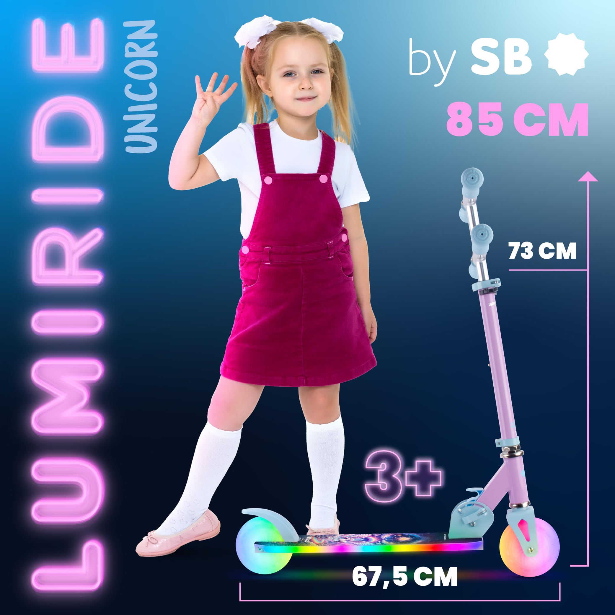 LUMI Ride Patinete Infantil 2 Ruedas LED 3+ | 7 colores, 20 programas, manillar ajustable, freno pie