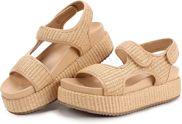IDIFU IN2 Raffia Platform Sandals Women Espadrille Flatform Chunky Round Open Toe Woven Slingback Two Hook and Loop Straps Beach Comfortable Summer Walking Cute Casual Trendy Wedge Sandals