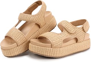 IDIFU IN2 Raffia Platform Sandals Women Espadrille Flatform Chunky Round Open Toe Woven Slingback Two Hook and Loop Straps Beach Comfortable Summer Walking Cute Casual Trendy Wedge Sandals