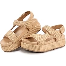 IN2 Raffia Platform Sandals Women Espadrille Flatform Chunky Round Open Toe Woven Slingback Two Hook and Loop Straps Beach Comfortable Summer Walking Cute Casual Trendy Wedge Sandals