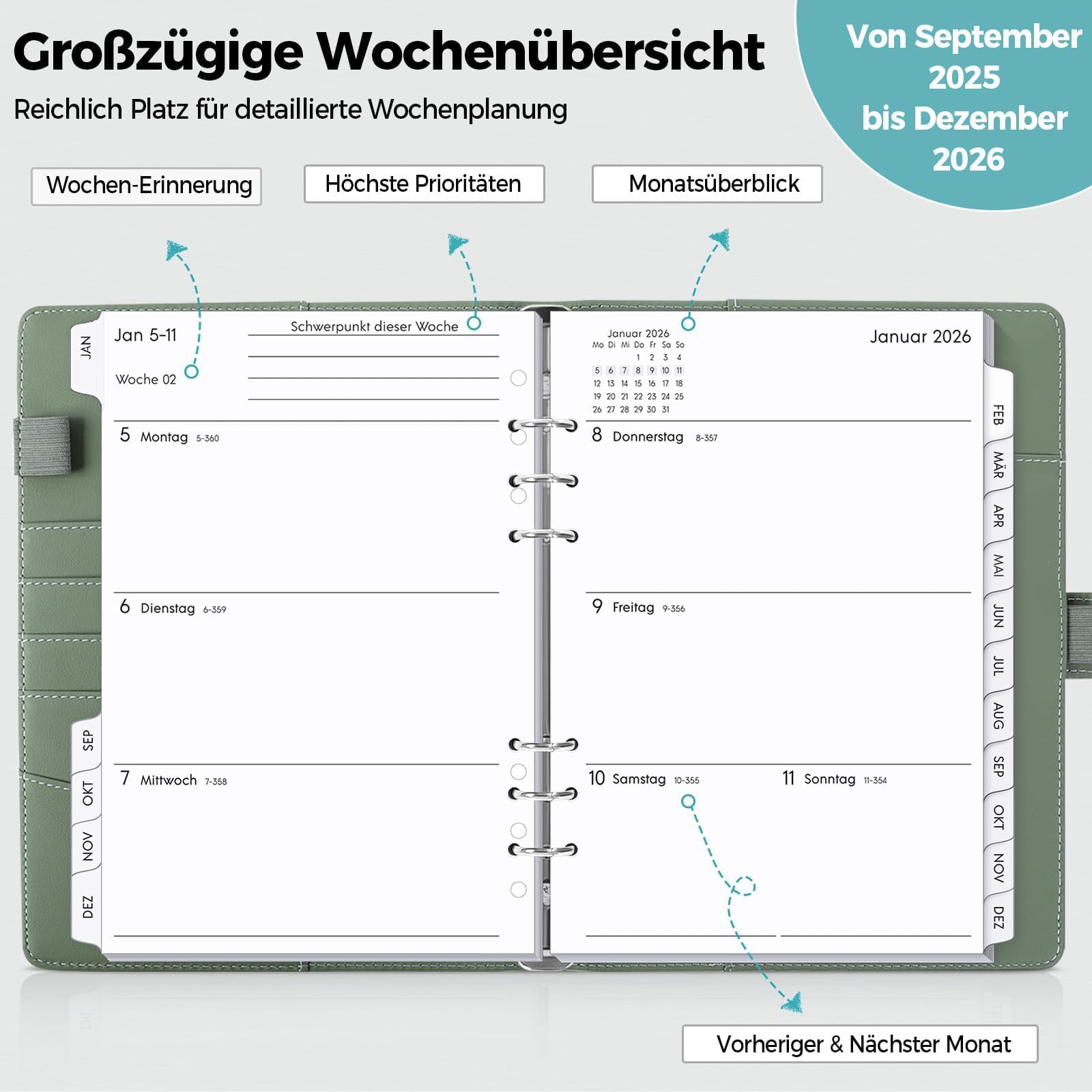 SKYDUE Kalender Ringbuch A5 Nachfüllbar,Ringbuch A5 Nachfüllbar, Planer 2026, Terminplaner 2026 Perfekt Für Schüler Und Berufstätige(Olivgrün)