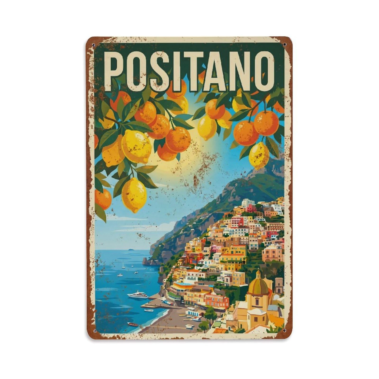 Vintage Travel Positano Italy Citrus Metal Tin Sign