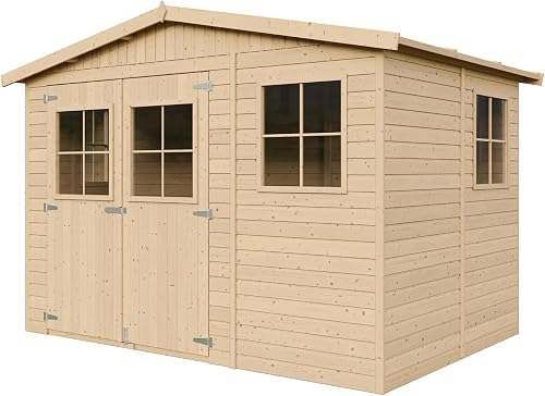 Abri de Jardin en Bois Naturel - Stockage extérieur avec fenêtres- H226x324x216 cm/6 m² Hangar en Bois Naturel - Atelier Rangement Outils et vélos- Timbela M334 - 3
