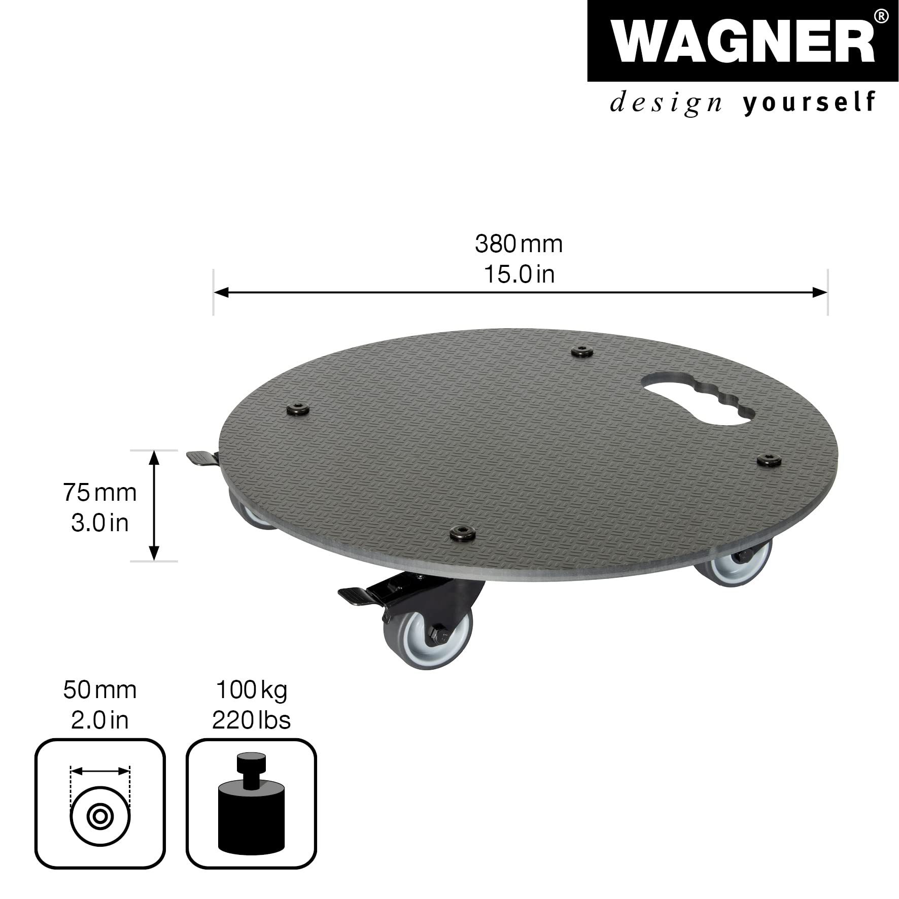WAGNER Pflanzenroller HPL Black Ø 38 x 7,5 cm I Blumenroller für Außenbereich + Innenbereich I Kübelroller HPL I 2 Total-Feststeller I Tragkraft 100 kg I Made in DE - 20063001