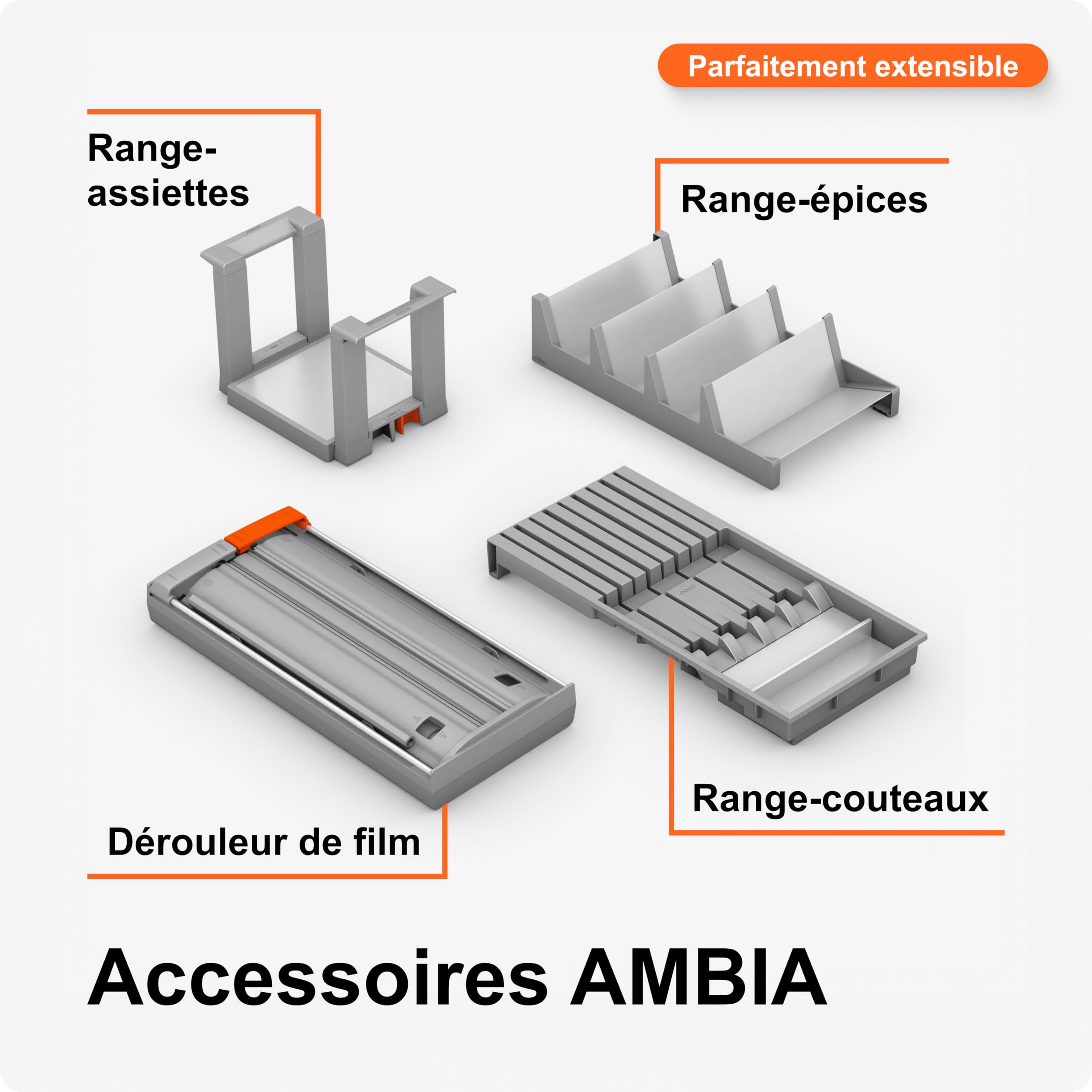 blum© Porte-épices de qualité supérieure I AMBIA-LINE pour tiroirs I Étagère à épices I Organisateur à épices pour tiroir de cuisine | Peut contenir jusqu'à 16 pots à épices, compartiments inclinés pour une vue d'ensemble/accès rapide, peu encombrant et s