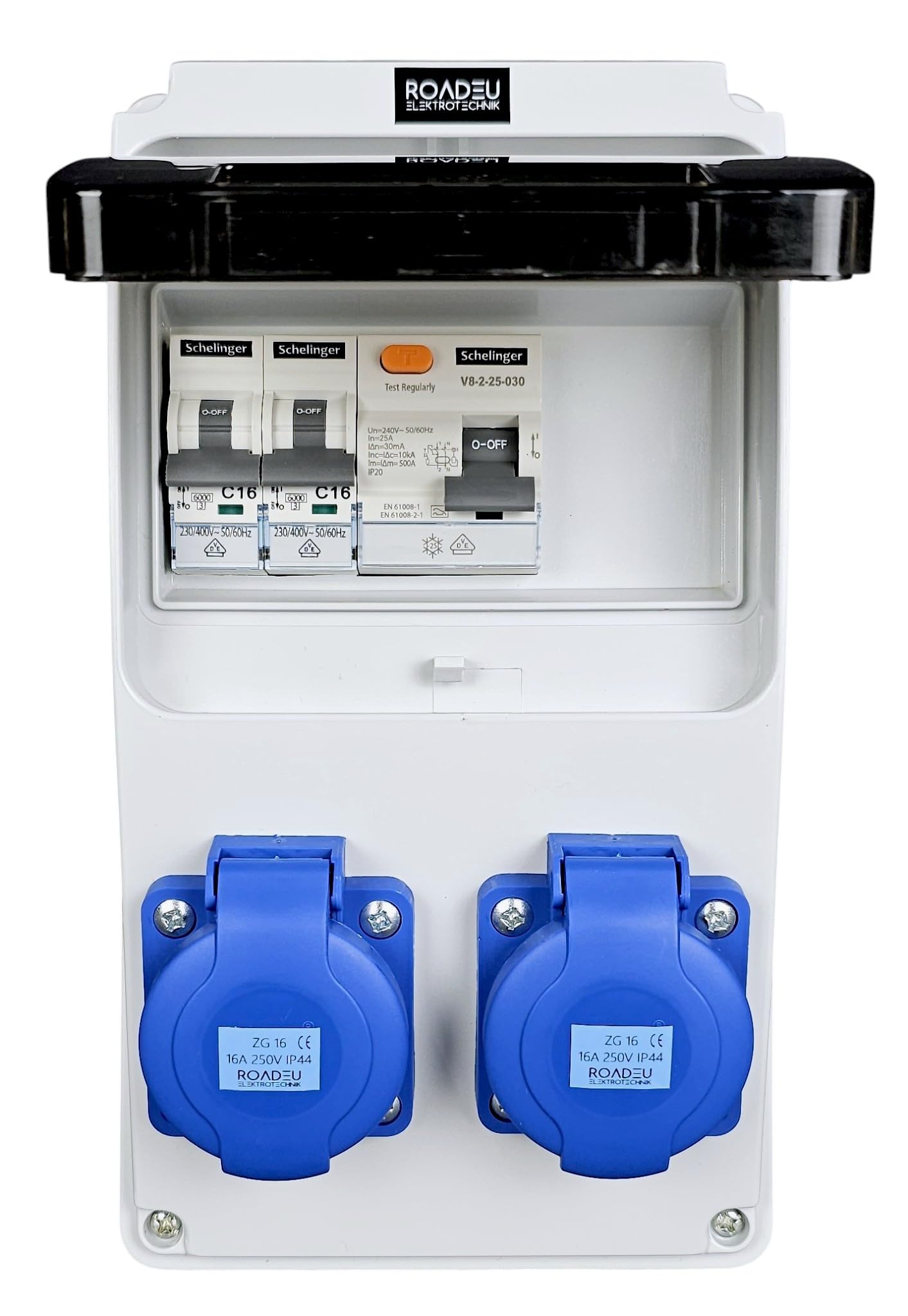 RoadEu - Stromverteiler 230V. 2x Schuko Steckdose mit Sicherungsautomat 16A. Baustromverteiler 16A mit FI Schalter. Steckdosen integriert mit Sicherungskasten. IP54 Wandverteiler - Aussen Wasserdicht