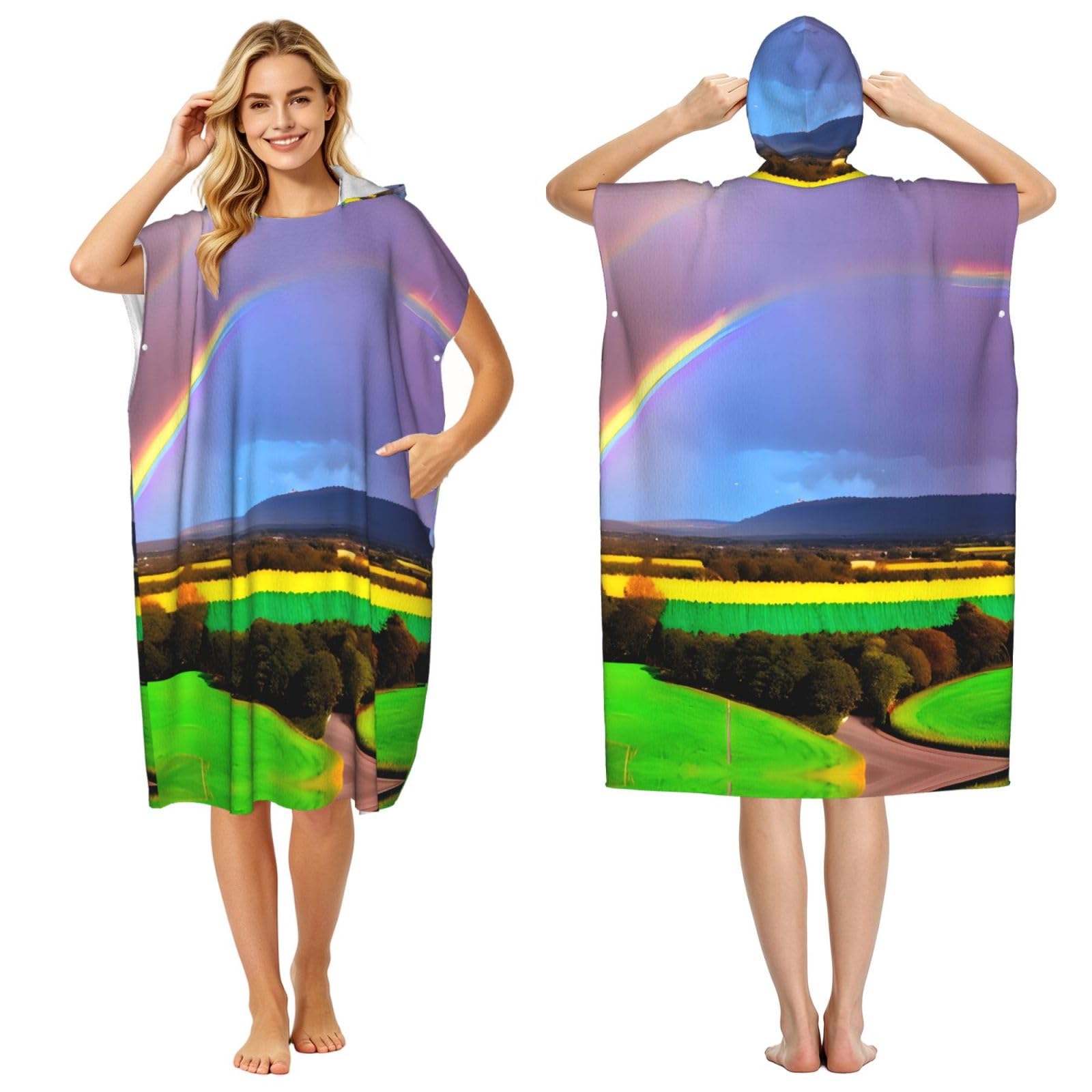 Zaixiansj 110cm Evening Rainbow Print Adult Changing Robe Hooded Towel Poncho Surf Swim Beach Cover Up with Pockets