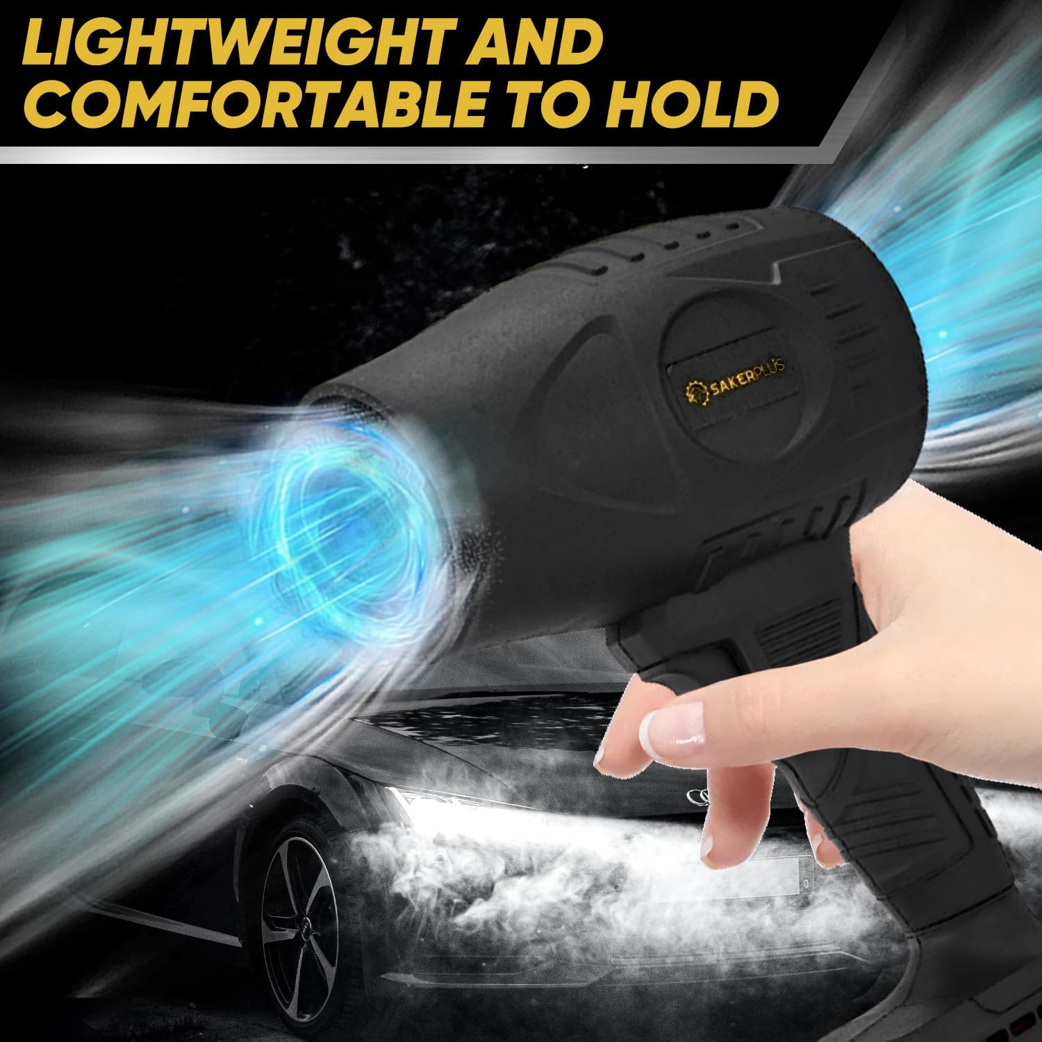 Hand holding the Sakerplus Portable Dust Cleaner, demonstrating its lightweight and comfortable design