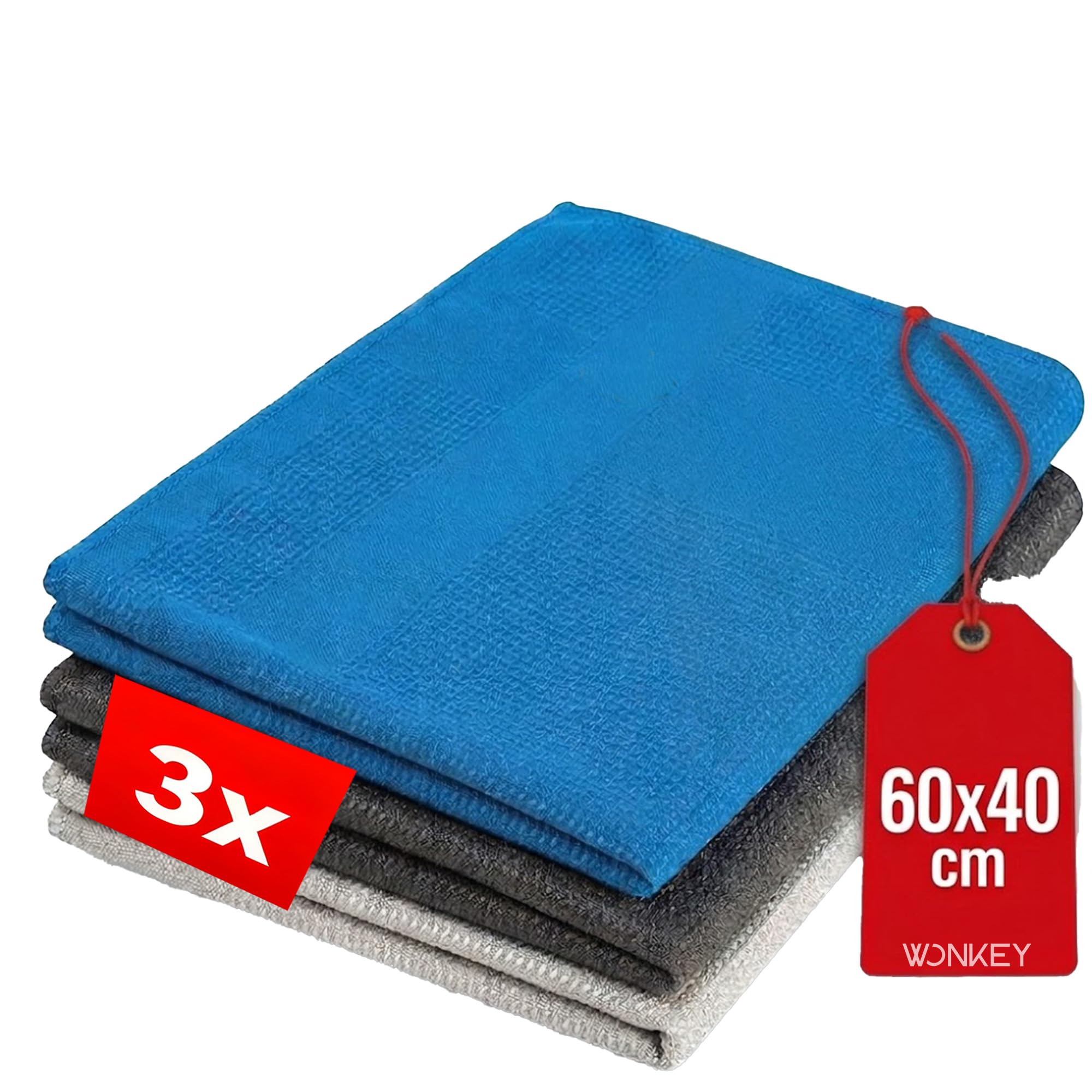 WONKEY - Mikrofiber Cam Bezi, Çok Amaçlı Cam, Toz ve Mutfak Bezi, Oto ve Motosiklet Mikrofiber Bez, Sihirli Mikrofiber Temizlik Bezi 60x40 cm - (3'lü Paket)