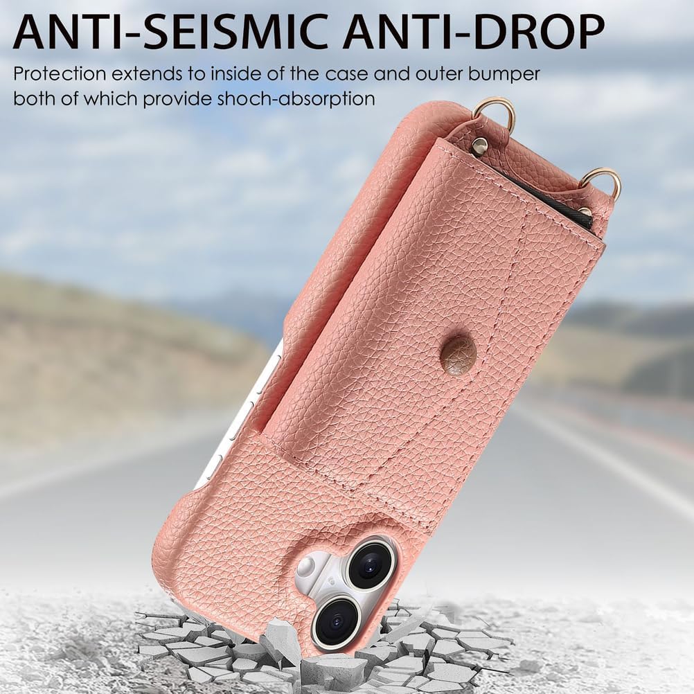 Crossbody Case for iPhone 17/17 Air/17 Pro/17 Pro Max, Stylish Wallet Leather Cover with Card Holder and Makeup Mirror Phone Case Beige