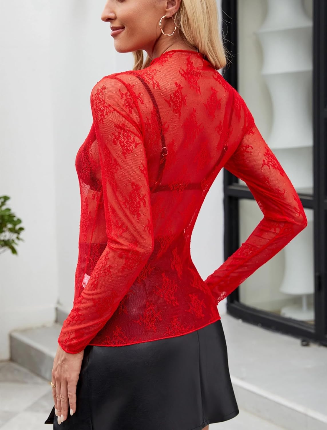 CEROROW Womens Mesh Long Sleeve Tops Mock Neck Sexy See Through Tee Shirts Party Club Night Lace Blouse - Image 3