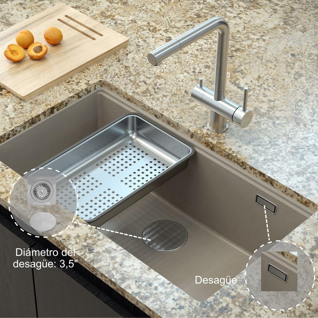 QUADRON Fregadero de un seno Fregadero de granito cocina | tamaño 70 x 37 x 23,5 cm Color: Topo suave y acero | Fregadero LOGAN 110 | Fregadero bajo encimera Base de armario a partir de 80 cm