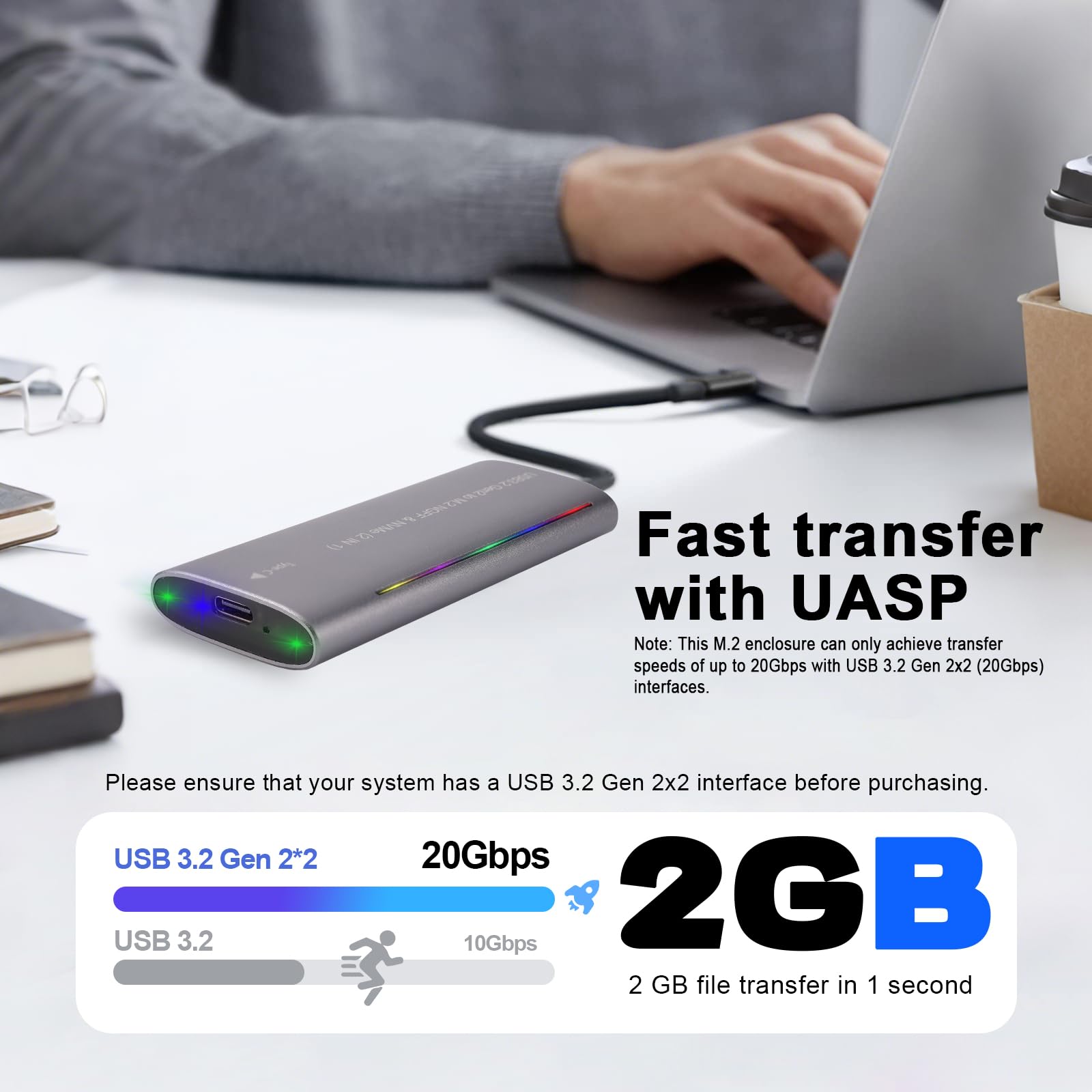 M.2 NVMe & SATA - Carcasa SSD (20 Gbps, USB-C 3.2 Gen2 x 2, carcasa de aluminio con RGB, sin herramientas, para disco duro M.2 2230/2242/2260/2280, compatible con MacBook, Windows, PS5, Phone 17)