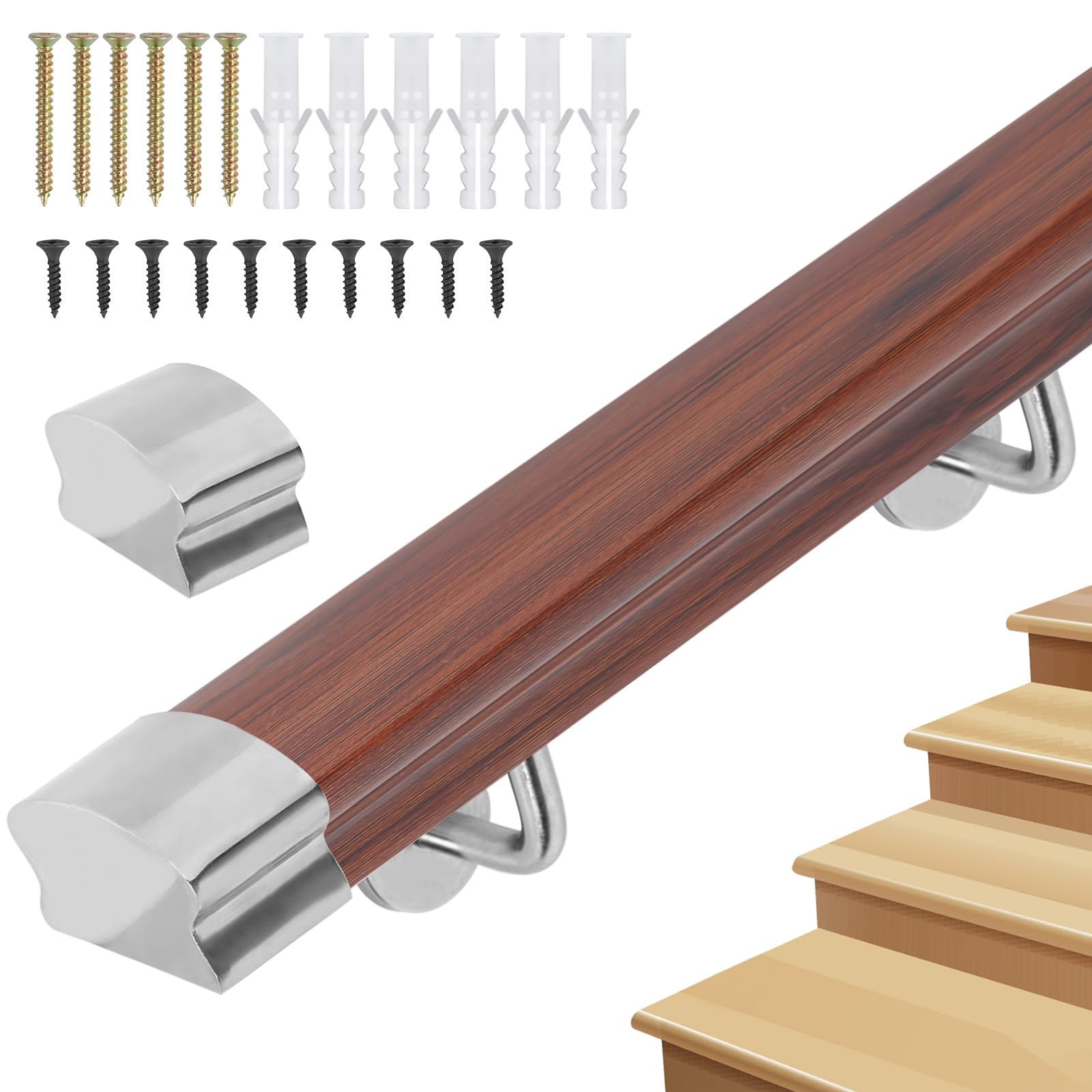 Handrails for Stairs, Non-Slip Stair Banister with Brackets,Against The Wall Safety Stair Hand Rails with Fittings for Indoor Loft Corridor - PVC Imitation Wood