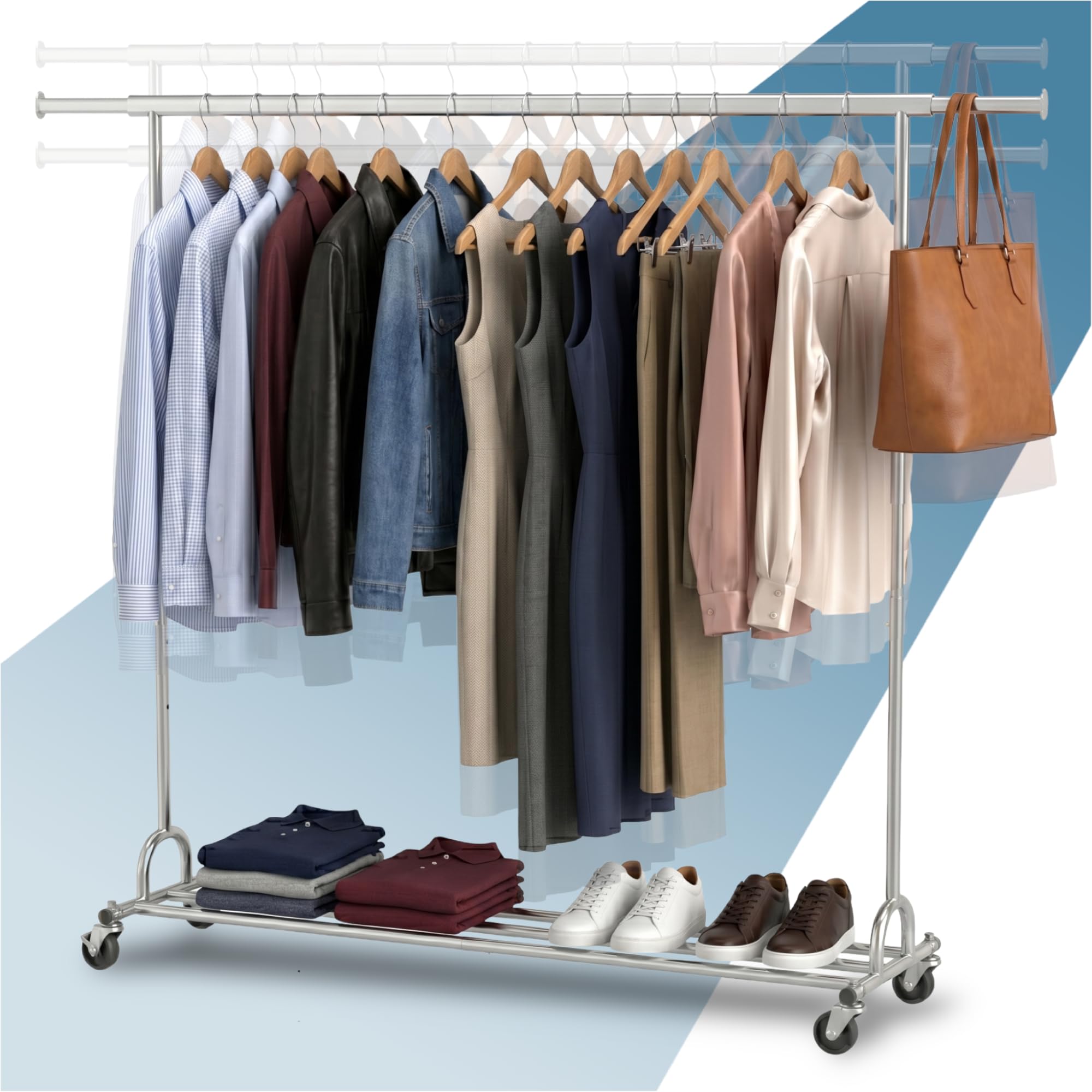 PORTENTUM Heavy duty clothes rail height adjustable with wheels and brakes – Height adjustable between 149 and 174 cm – Up to 130 kg load capacity – Clothing rack steel frame 45 x (160-200) cm width