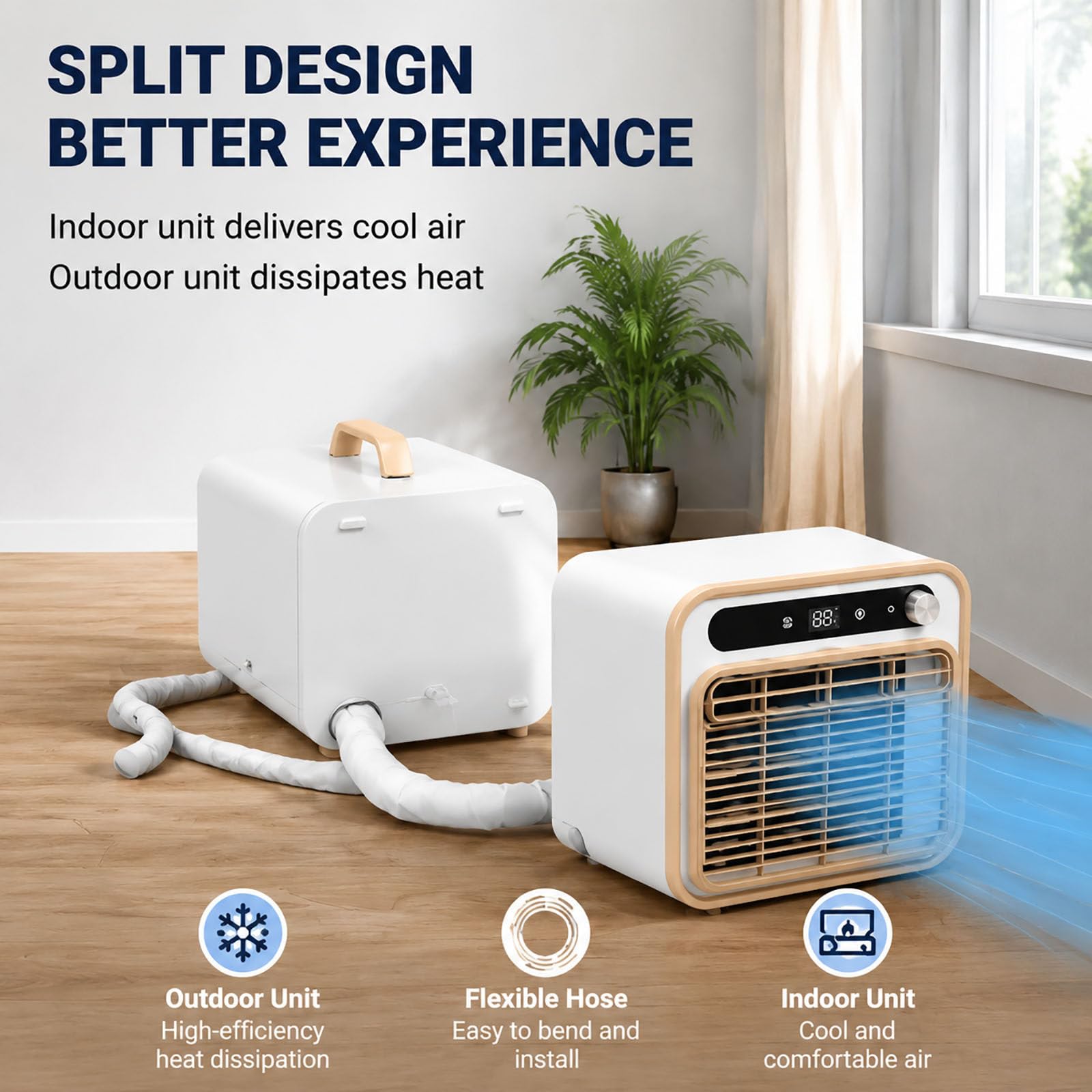 Condizionatore Portatile Split da 6800 BTU, climatizzatore Mobile Compatto con unità Esterna, Portata d'Aria di 130 m³/h, Telecomando; Ideale per Campeggio, roulotte, casa e Ufficio.