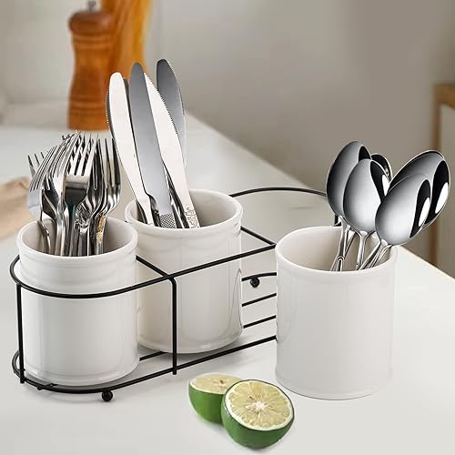 Miniatura 5 de Bekith 3-Piece Ceramic Silverware Caddy with Metal Rack, Utensil Holder Flatware Caddy Cutlery Storage Organizer for Kitchen Table, Cabinet or Pantry