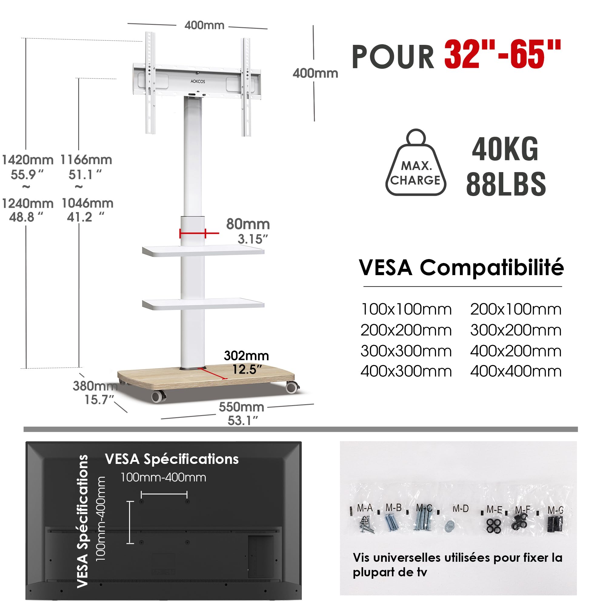 AOKCOS Support TV roulettes pour TV de 32-65 Pouces - Support TV sur Pied Plus Haut 1240 MM-1420 MM Pivotant 60° Inclinaison 12° jusqu'à 40 KG Max. VESA 400x400mm