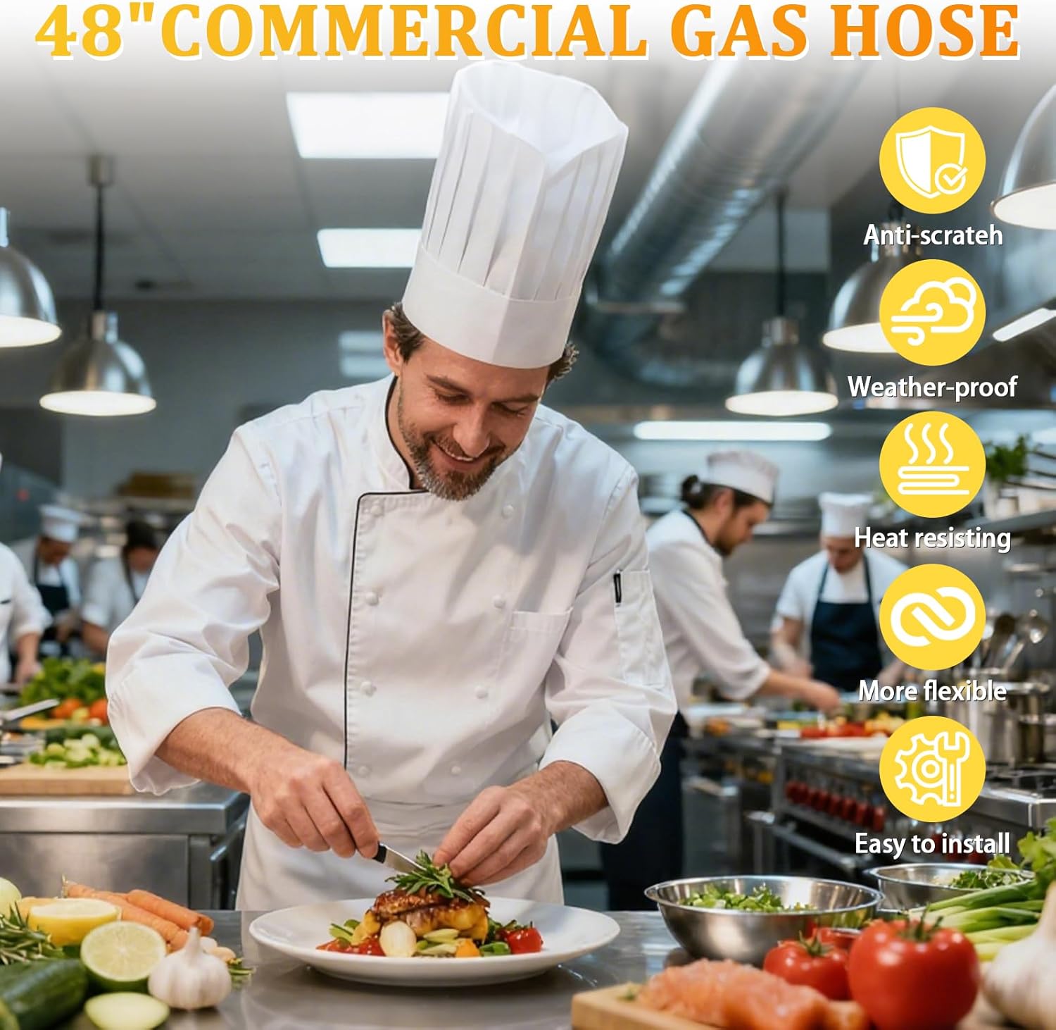 Yellow 1675KIT48 Safety System Kit, 48 inch Commercial Gas Hose Connector Kit, Flexible Blue Gas Hose Kit,Gas Line Hose with 3/4" Quick Disconnect,Restraining Devices for Commercial Kitchen Equipment