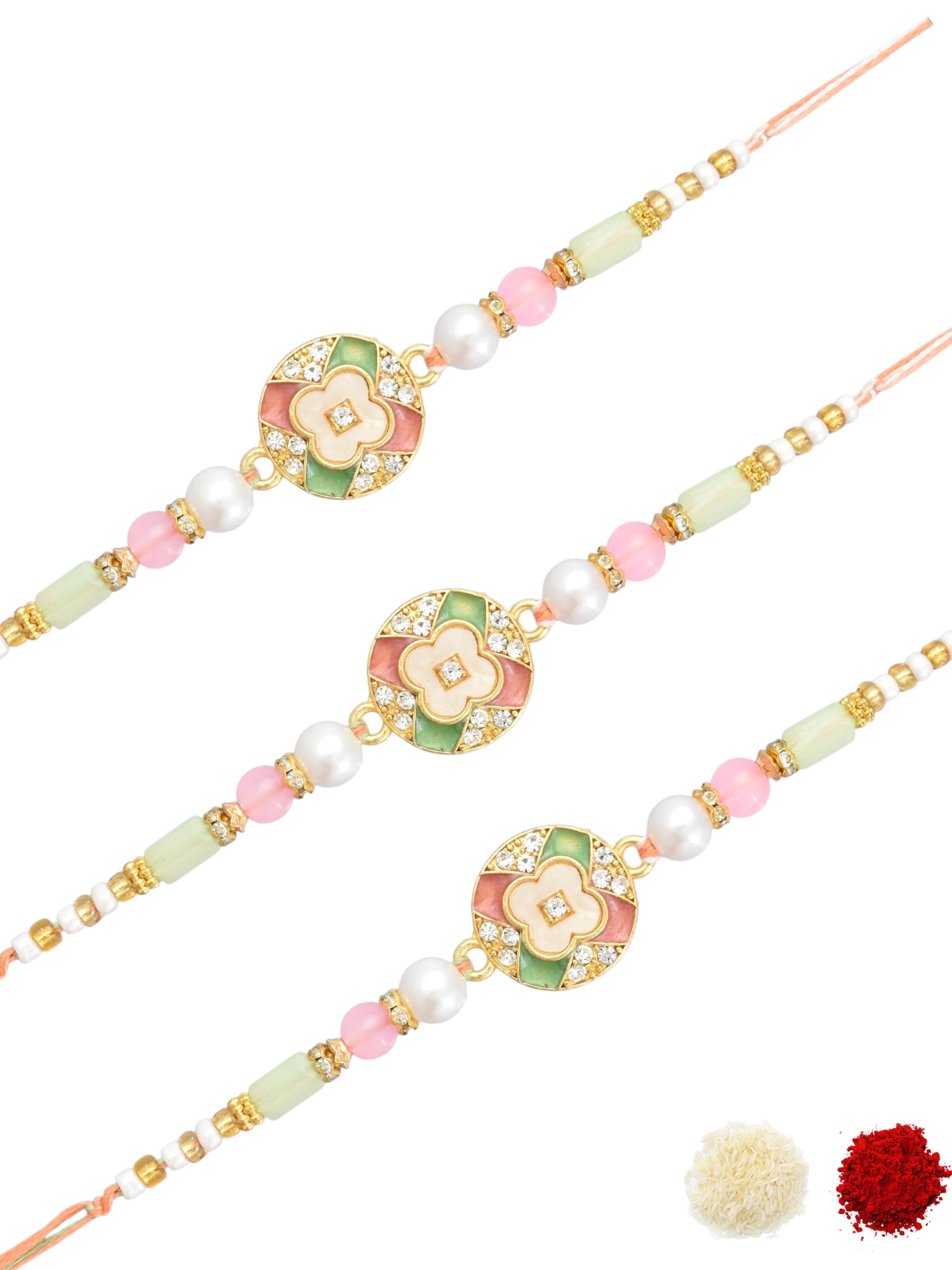 Premium Modern Design Pastel Floral Clover Enamel Work AD Studded & Beaded Cotton Thread Pack of 3 Rakhi for Brother, Bhai, with Roli Chawal & Greeting Card for Raksha Bandhan-52-image-35
