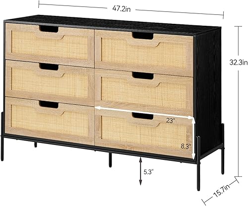 Miniatura 2 de IDEALHOUSE Cómoda de 6 cajones para dormitorio, cajón de ratán natural con almacenamiento espacioso, cómoda de madera con patas de metal para