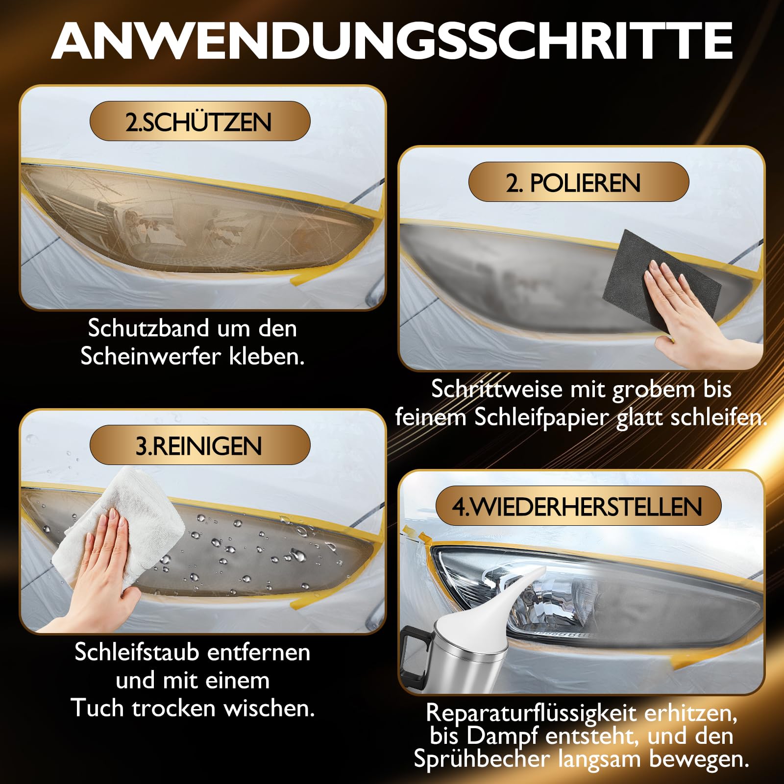 Scheinwerfer Aufbereitung Set, 800g Reparaturflüssigkeit Scheinwerfer Polierset, Scheinwerfer Bedampfen Set für Vergilbung Kratzer Vage
