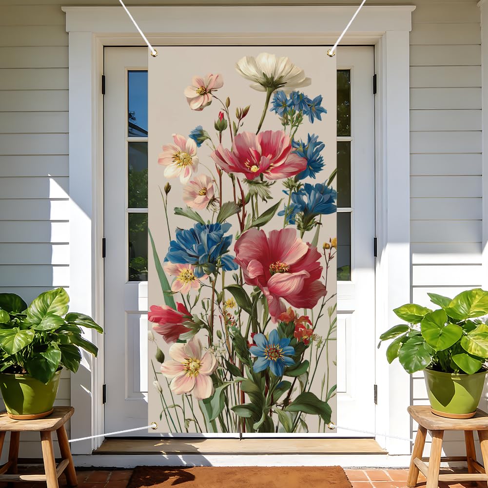 arricraft 1pc Polyester Door Decorative Cover, Retro Floral and Green Leaf Patterns Backdrop Banner Door Porch Sign Photography Background for Home Party Decor 72.8x35.4 Inches