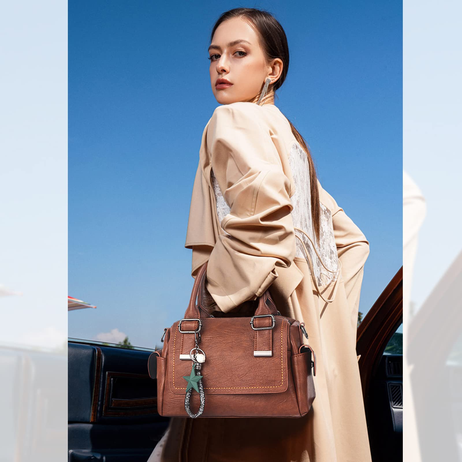 NICOLE & DORIS Umhängetasche Damen Handtaschen Klein Tasche Multi Pocket Frauen Schultertasche Retro Leder Henkeltasche Crossbody Bag Handytaschen Geldbörse mit Anhänger Braun
