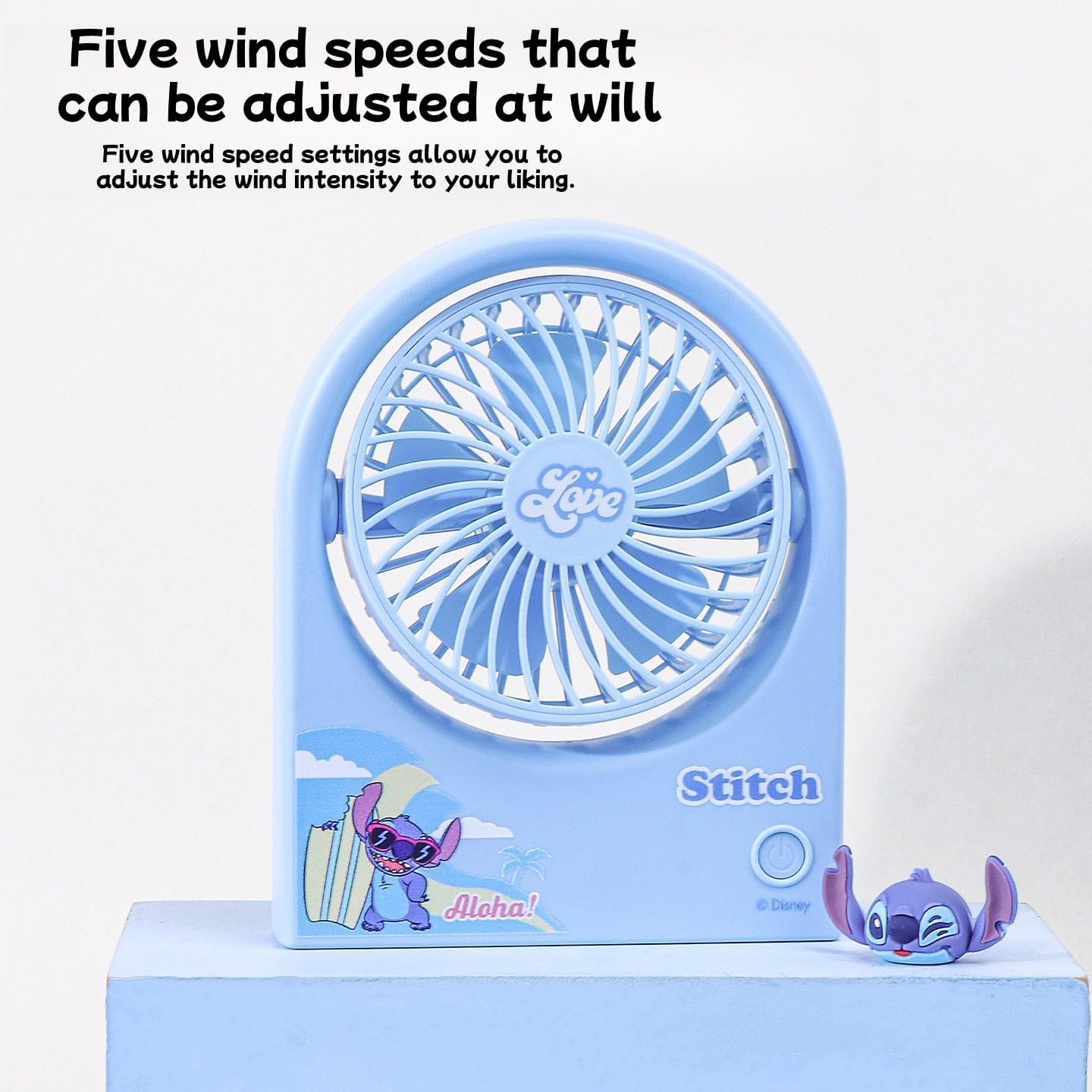 MINISO Stitch Folding Small Fan Cute Cartoon Design Portable USB Rechargeable 5-speed Wind Power Personal Cooling Fan Suitable for Home Office Travel Outdoors