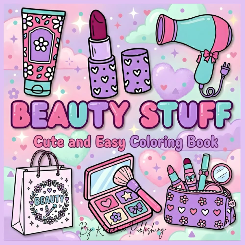 Beauty Stuff Cute and Easy Coloring Book: Bold and Simple Designs Featuring Cosmetics, Makeup Tools, and Skincare – Relaxing Drawings for Adults and Kids to Relieve Stress